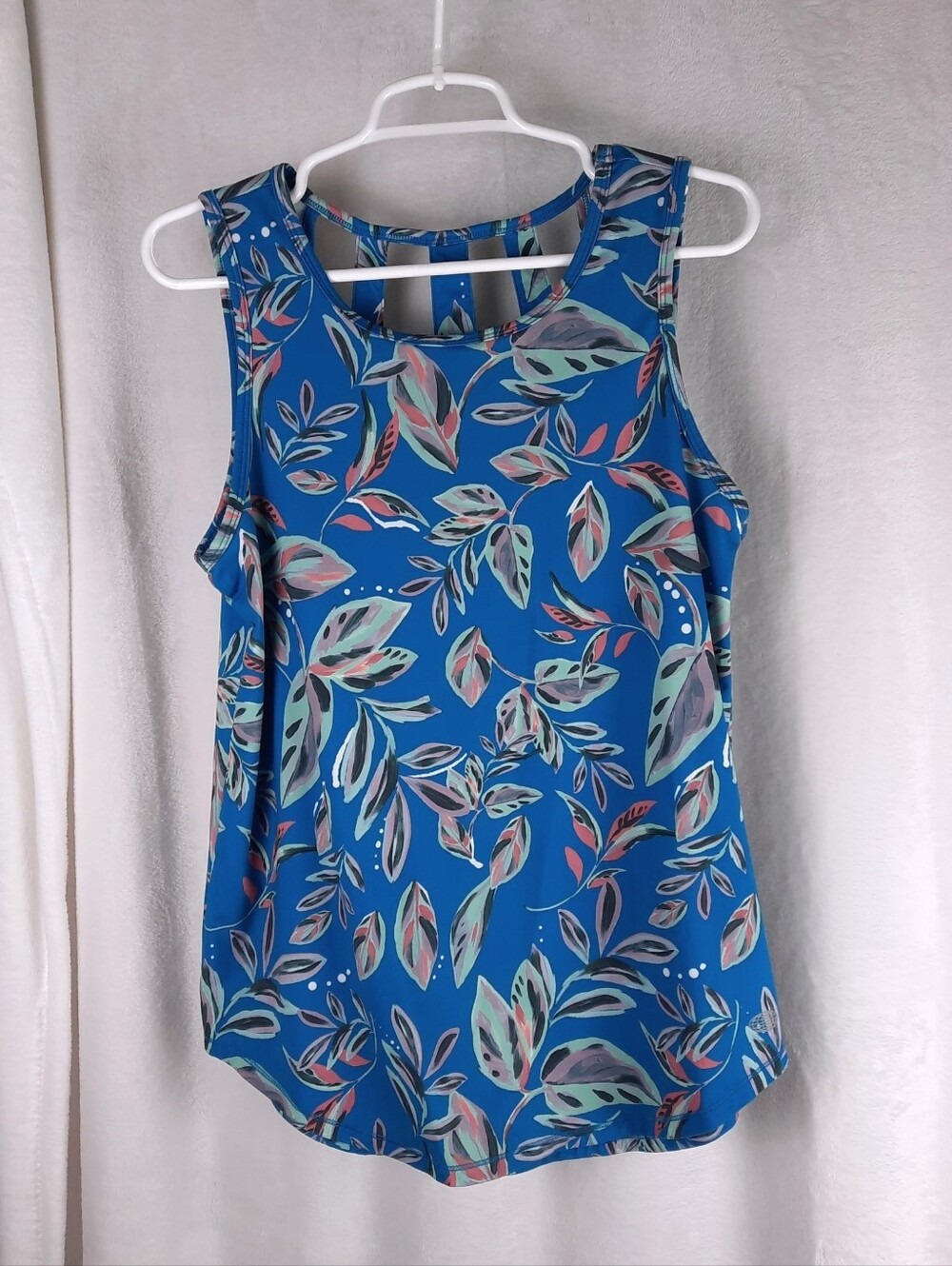 Blue Leaf-Print Sleeveless Tank with Strappy Back